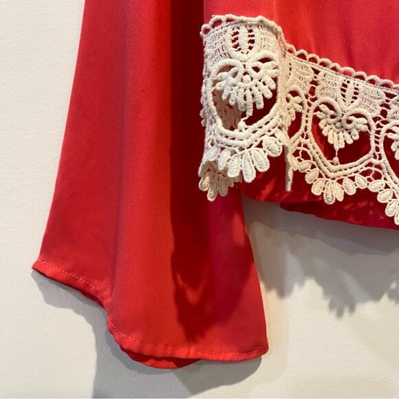 Pink Blush L Silk Rosy Pink Crochet Lace Feminine Flowy Blouse - Picture 15 of 16